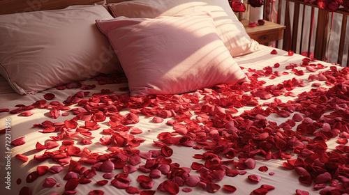 Pink rose petals on bed. Created with Ai