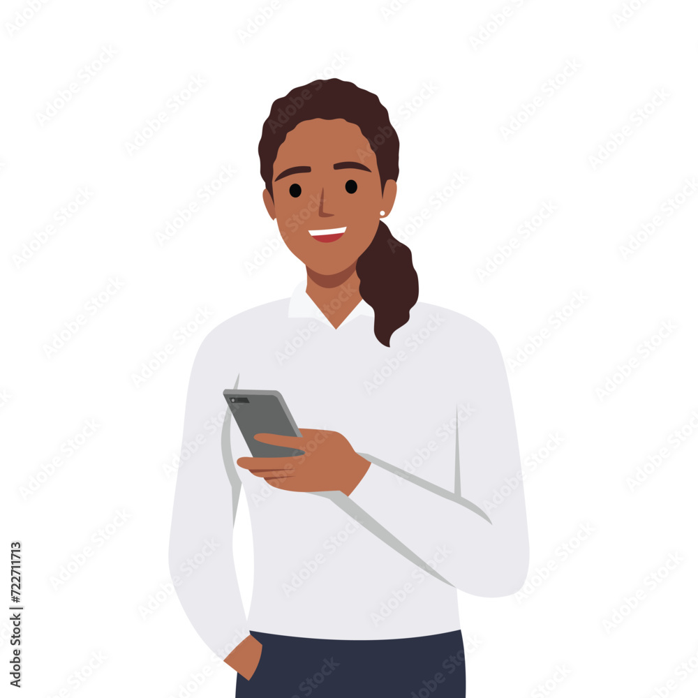 Young woman dials the phone number with a happy face. A Girl is holding a smartphone and calling. Flat vector illustration isolated on white background Young woman dials the phone number with a happy face. A Girl is holding a smartphone and calling. Flat vector illustration isolated on white background