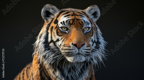  a close up of a tiger's face on a black background with a blurry look on its face. © Olga