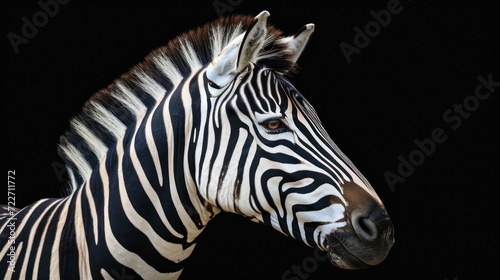  a close - up of a zebra s head against a black background with only the zebra s head visible.