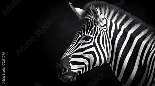  a close up of a zebra s head in a black and white photo with a black back ground and a black background.