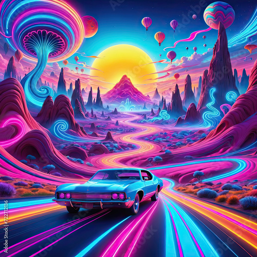 Psychedelic Dance Party - Ultrarealistic 8K Psychedelic Landscape with Diverse Vehicles, Old Woman, and Sun Gen AI photo