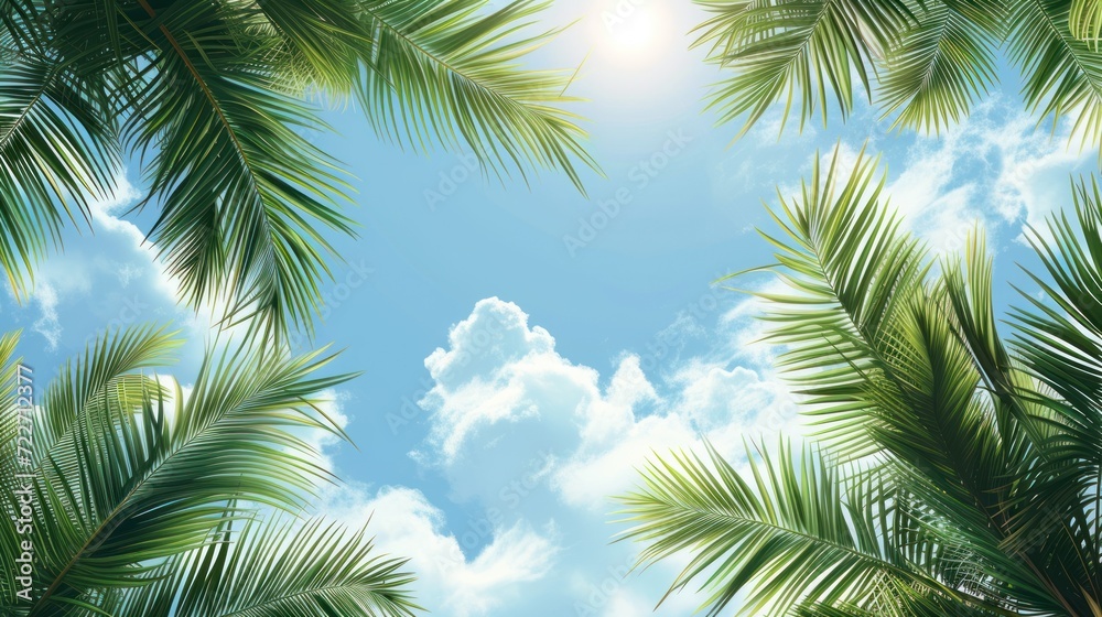 Background of coconut leaves with clear sky AI generated image Background of coconut leaves with clear sky AI generated image