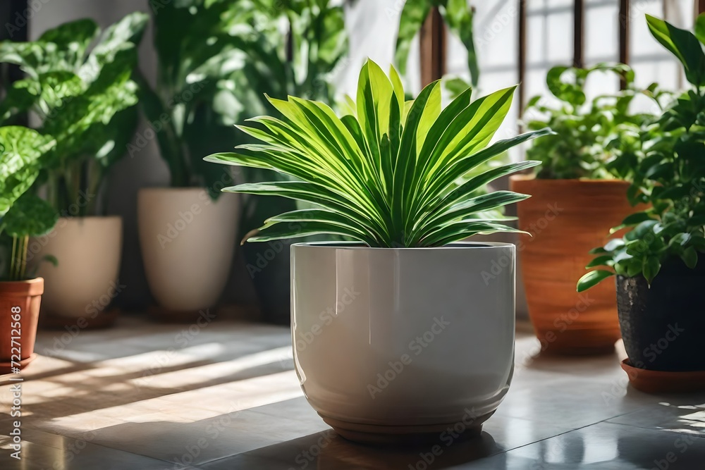 Fototapeta premium beautiful plants in the ceramic pot, green garden, indoor garden, sunlight is necessary for plants, sunlight gives life
