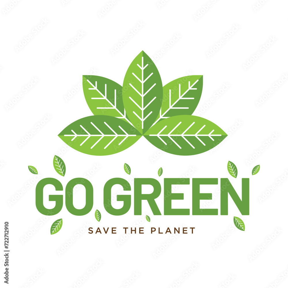 Go Green Environment Label Logo Illustration In Isolated White Background, Go green with leaves. Vector illustration.