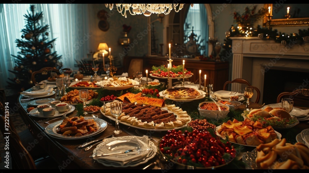  a table with a lot of food on it and a christmas tree in the corner of the room behind it.