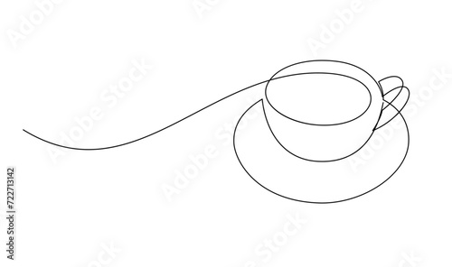Cup continuous line art. Coffee or tea cup one line drawing. Hot drink with steam