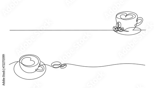 Cup continuous line art. Coffee or tea cup one line drawing. Hot drink with steam