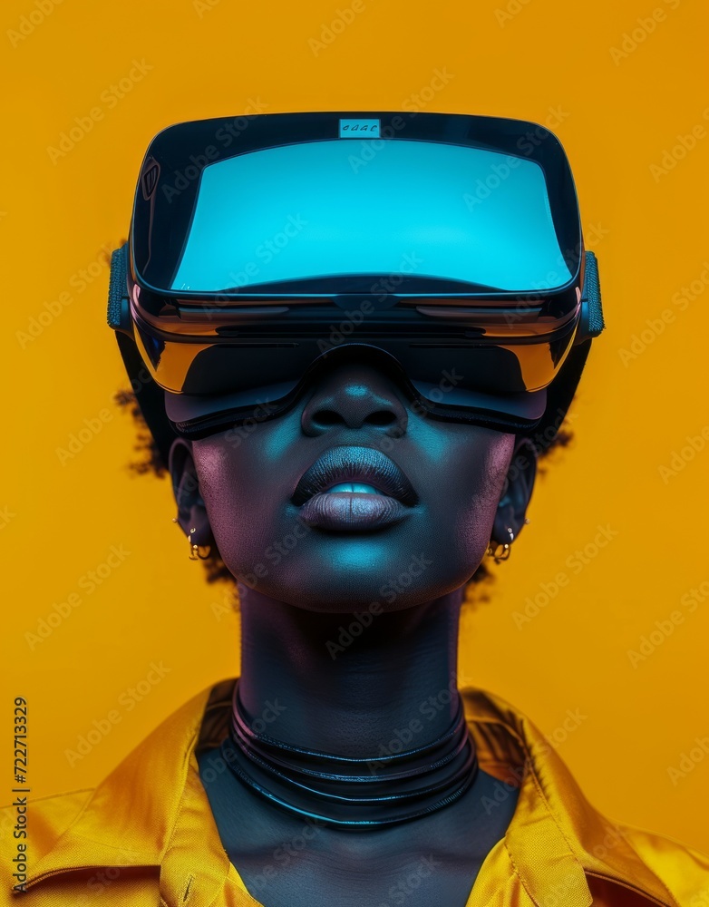 Black woman using virtual reality headset on yellow background. Fictional character. Generative AI technology.