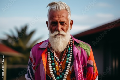 Portrait of an old man with a long white beard and mustache in a colorful shirt on the street