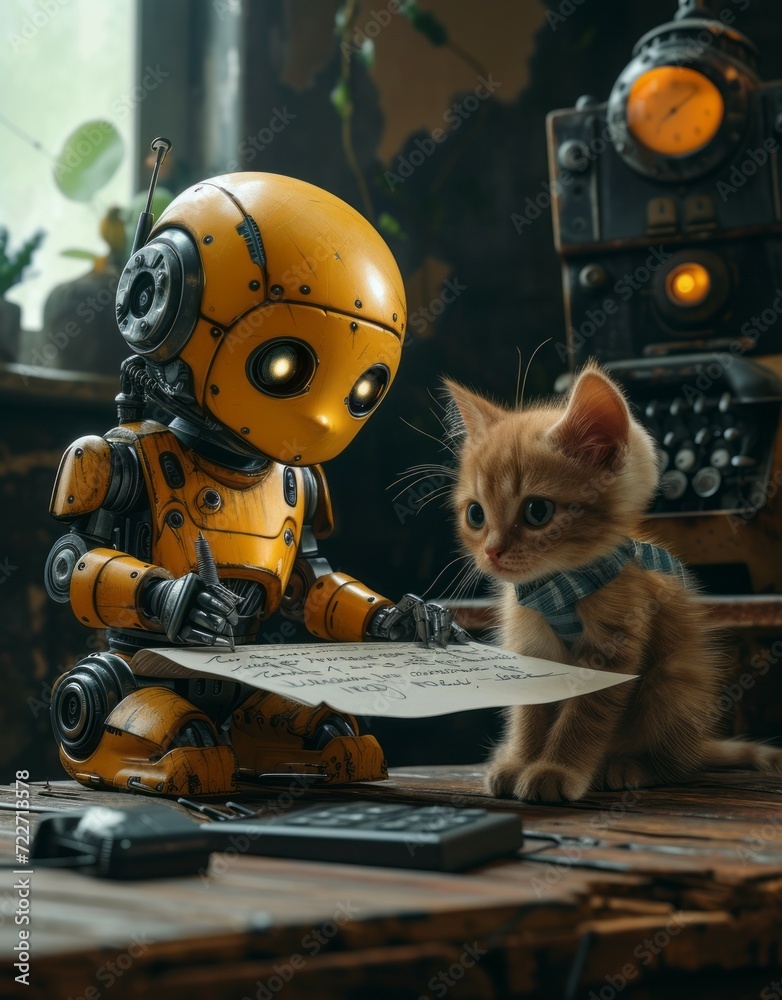 Yellow cute robot writing with cat. Generative AI technology.