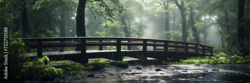 A wooden bridge for walking through the forest. There are big trees, rain falling in the forest with nature.