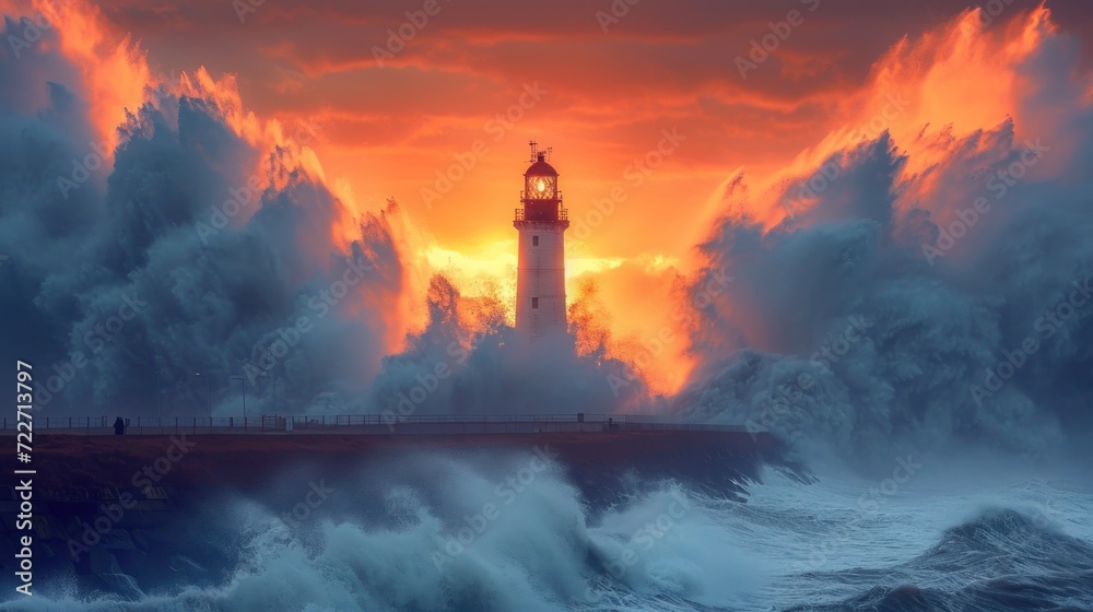  a lighthouse in the middle of a storm with the sun setting in the background and clouds in the foreground.