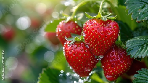  a close up of a group of strawberries on a bush with water droplets on them and a blurry background.