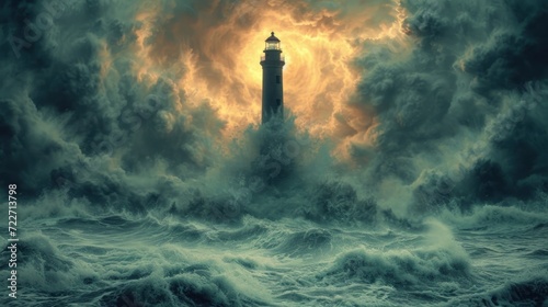 a lighthouse in the middle of a large body of water with a sky full of clouds and sun behind it.
