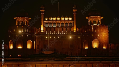 red fort in delhi india at night with lights and camera lens flares, stable shot 4k photo