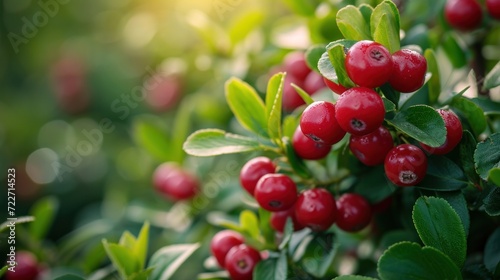  a bush filled with lots of red berries on top of a lush green leafy forest filled with lots of red berries.