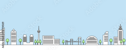 緑の木々と共存するエコな都市の風景　シンプルな線画イラスト
