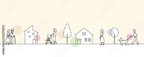 町を歩く人々のシンプルな線画イラスト