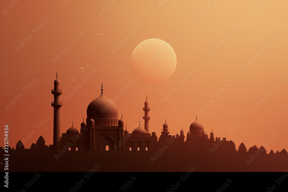 Mosque on the background of the rising sun. Vector illustration.