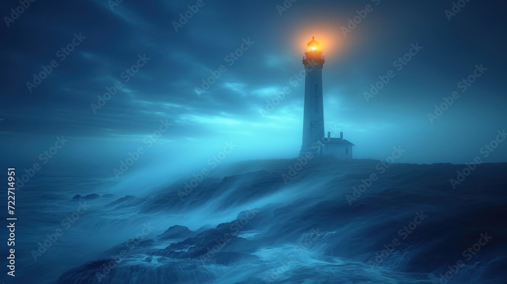  a lighthouse in the middle of a body of water with a light on top of it in the middle of the night.