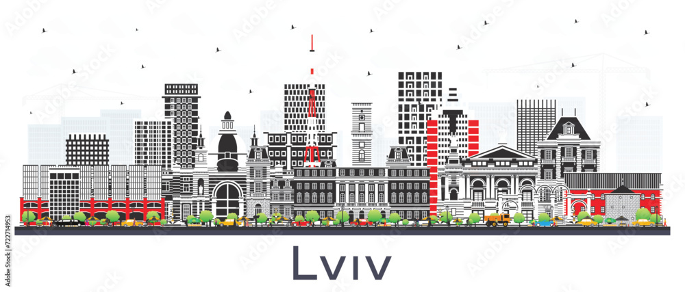 Lviv Ukraine City Skyline with Color Buildings isolated on white. Lviv Cityscape with Landmarks. Business Travel and Tourism Concept with Historic Architecture.