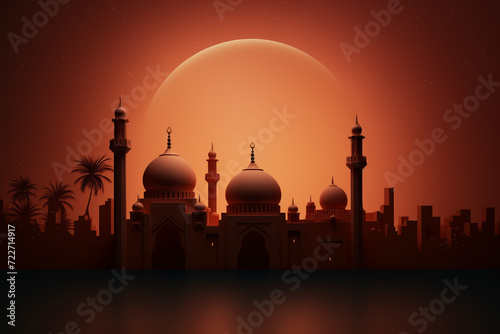 Silhouette of mosque with palm trees and full moon in background