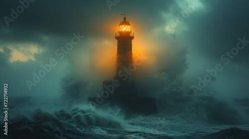  a lighthouse in the middle of a large body of water with a light at the top of it in the middle of a storm.