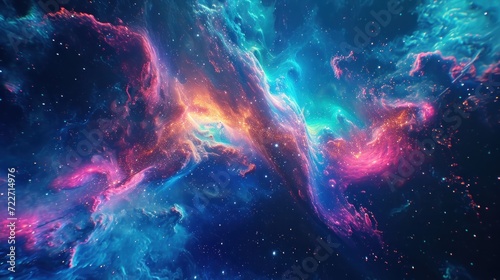  an image of a space scene with stars and a blue and pink cloud with a red and blue star in the center.