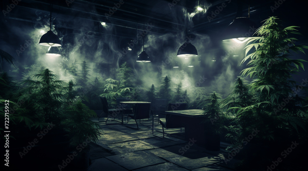 Relaxation in the cannabis herb garden To relax in a dim and quiet atmosphere. - obrazy, fototapety, plakaty 