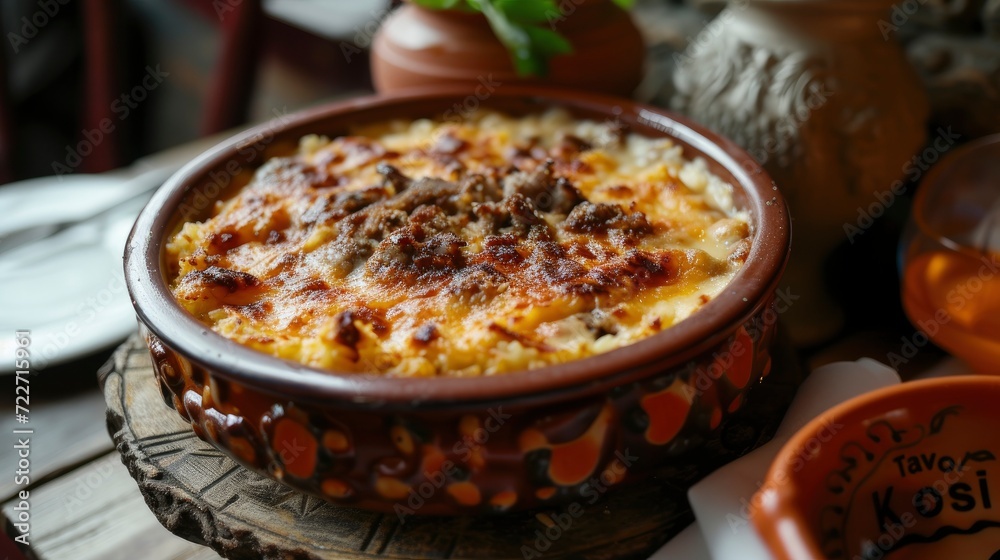 Tave Kosi Albanias Culinary Gem of Baked Lamb and Yogurt Casserole, a Flavorful Delight Loved by Locals and Visitors - obrazy, fototapety, plakaty 