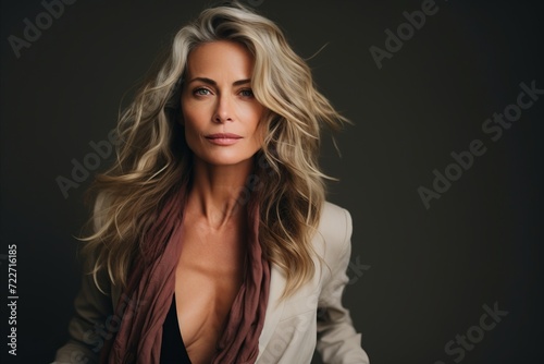 Portrait of a beautiful blonde woman in a white jacket and scarf.