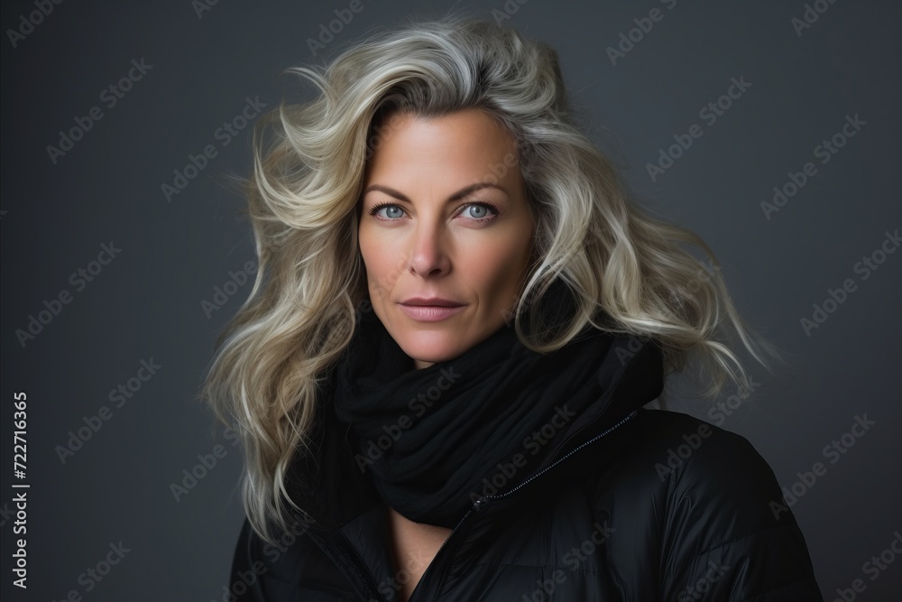 Portrait of a beautiful blonde woman in a black jacket and scarf