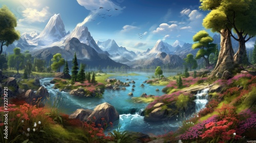 Fantastic mountain landscape with a river. Generative AI © wellyans