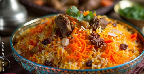 Celebrating Afghan Flavor with Kabuli Pulao Aromatic Basmati Rice Infused with Spices, Lamb or Chicken, Topped with Carrots, Raisins, and Slivered Almonds.
