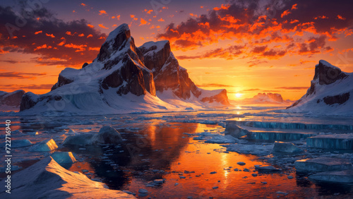 Arctic landscape at sunset. AI