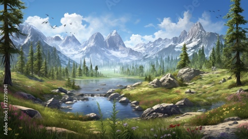 Fantastic mountain landscape with a river. Generative AI