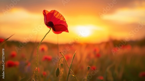 Red poppy flower at sunset