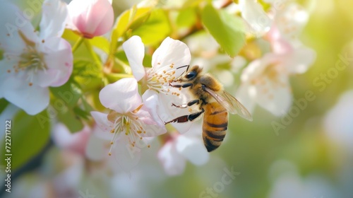 Closeup of a Honey Bee Collecting Nectar Amidst Multicolored Blooms