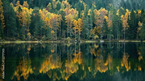  a forest filled with lots of trees next to a body of water with lots of green and yellow trees in the background.