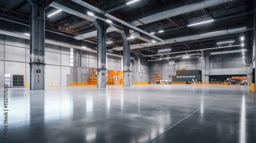 The concrete floor inside an industrial building sets the background for the industrial setting. The concrete floor inside an industrial building sets the background for the industrial setting.