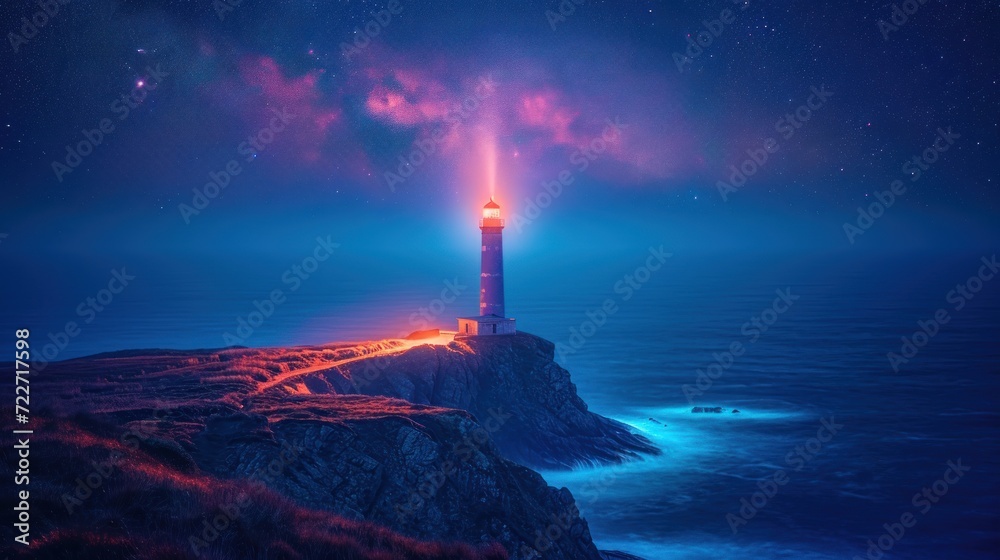 a lighthouse on a rocky outcropping in the middle of the ocean under a night sky filled with stars. a lighthouse on a rocky outcropping in the middle of the ocean under a night sky filled with stars.