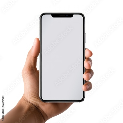 Close-up of a hand holding a smartphone on a white background