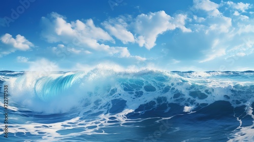 Powerful foamy sea waves rolling and splashing over the water's surface against a cloudy blue sky © crazyass