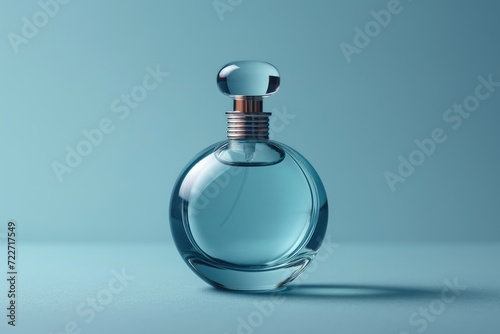 Perfume bottle on blue water splash background. 3d rendering. Skincare cosmetic bottle