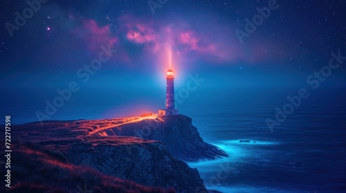  a lighthouse on a rocky outcropping in the middle of the ocean under a night sky filled with stars.