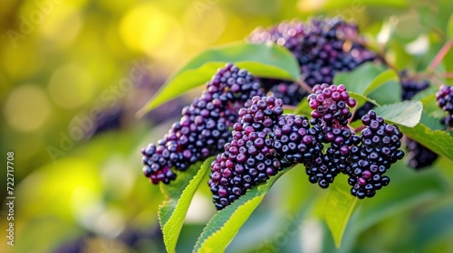  a close up of a bunch of berries on a branch with leaves in the foreground and a blurry background of trees in the background.