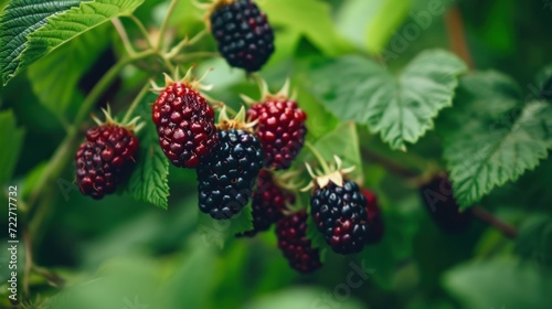  a bunch of raspberries hanging from a tree with green leaves and a red berry in the foreground.