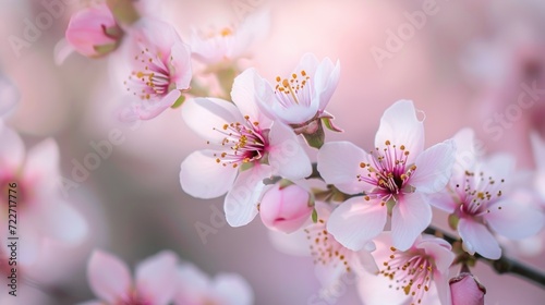  a close up of a bunch of flowers on a branch with a blurry background of pink and white flowers.