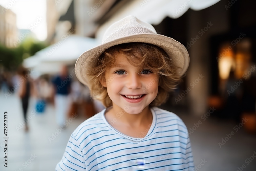 Portrait of cute little boy in hat on shopping street, outdoors